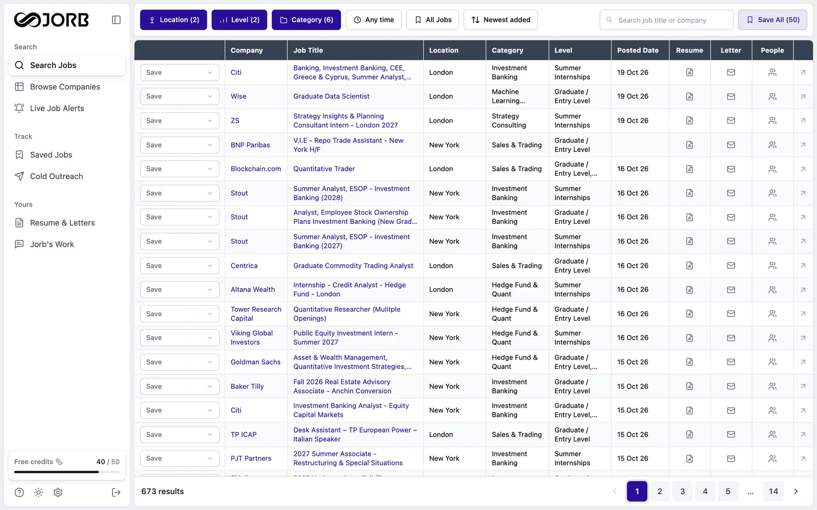 Jorb's Search Jobs page, filtered to London and New York, listing top-firm roles